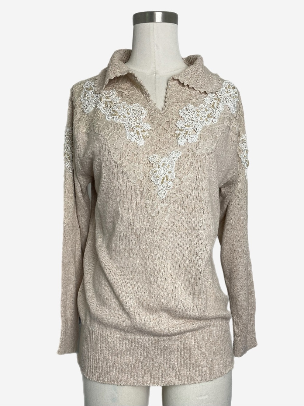 Vintage Mariea Kim beige crochet collared knit lace bead sweater cottagecore S/M
